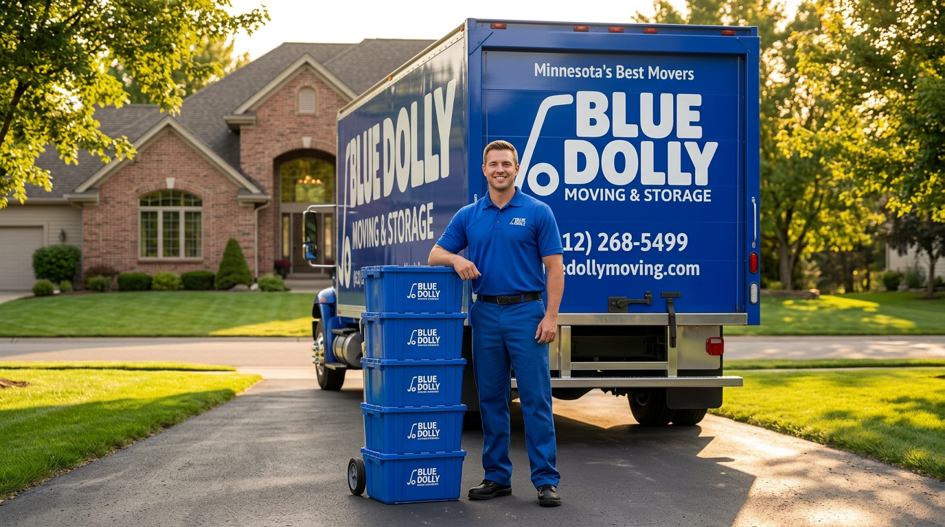 Blue Dolly mover with stack of branded crates next to truck in suburban driveway