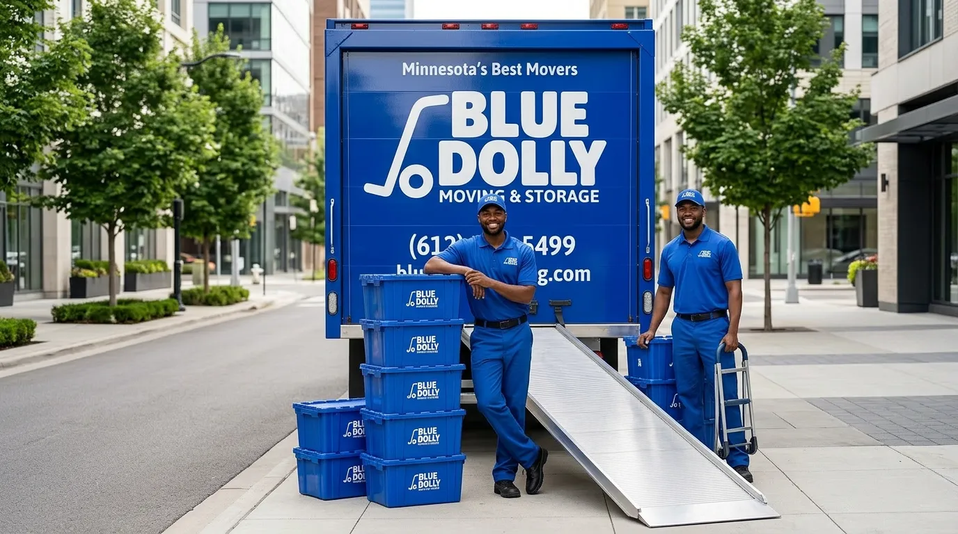 Two professional Blue Dolly movers in branded uniforms standing proudly beside their moving truck with Blue Dolly boxes