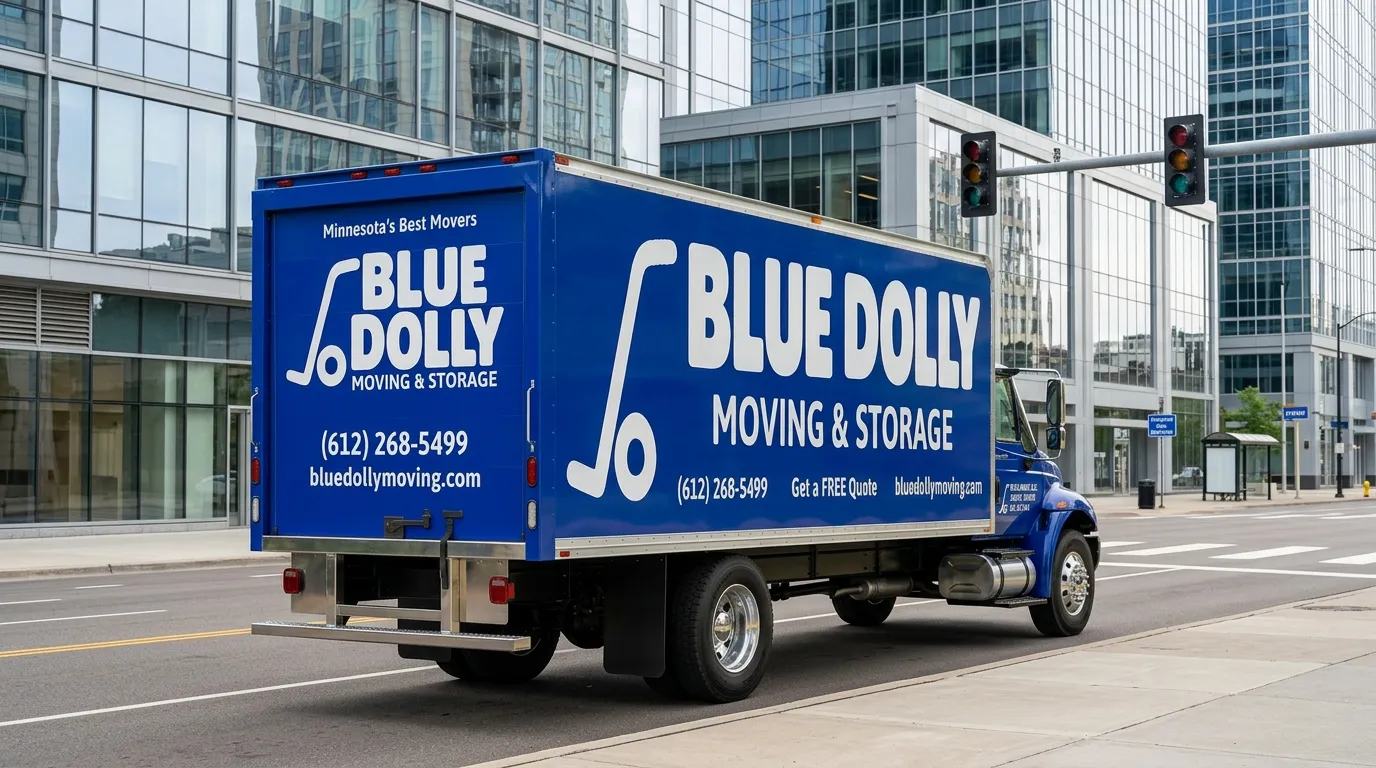 Blue Dolly professional movers unloading household items from a moving truck for secure storage in Minnesota