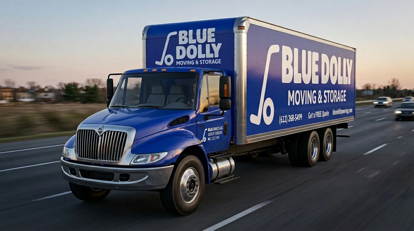 Blue Dolly Moving & Storage branded truck fleet showing the professional moving vehicles used for residential moves