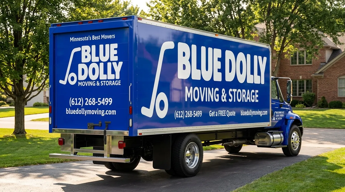 Blue Dolly branded truck rear view in neighborhood